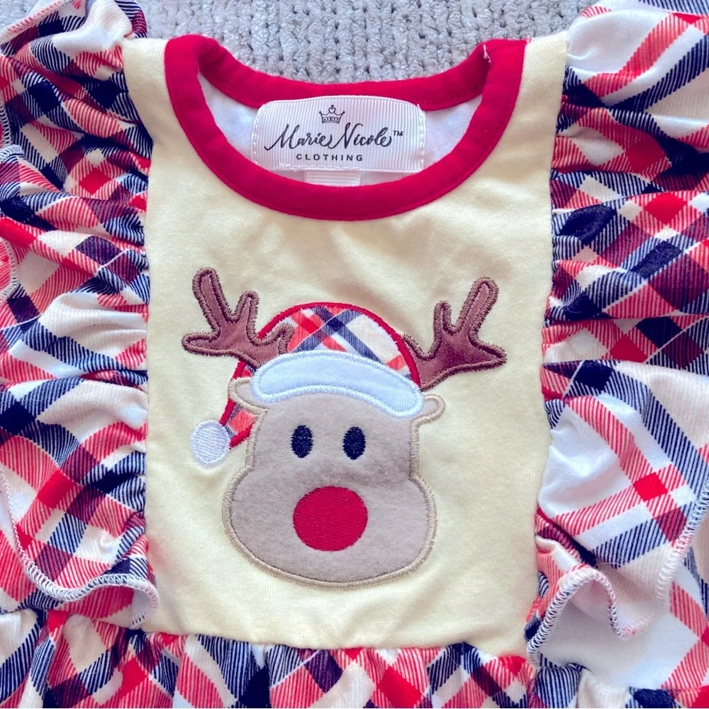 Marie Nicole 3-6M Reindeer‎ Plaid Ruffle Holiday Romper Christmas Bows